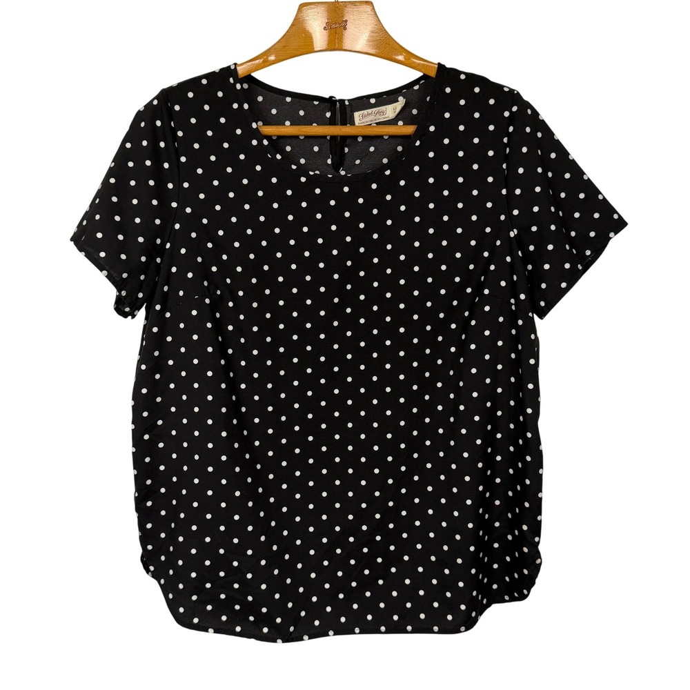 Faded Glory Womens L Black White Polka Dot Blouse Short Sleeve Keyhole Top